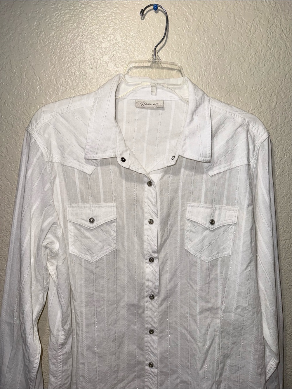 Ariat White Western Snap Shirt Women’s XL Metallic Stripe Top - Picture 2 of 16